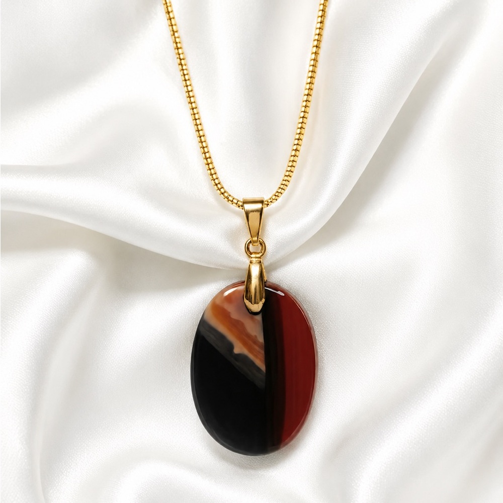 Banded Natural Agate Pendant Necklace Gold Tone Chain Handmade Statement Jewelry